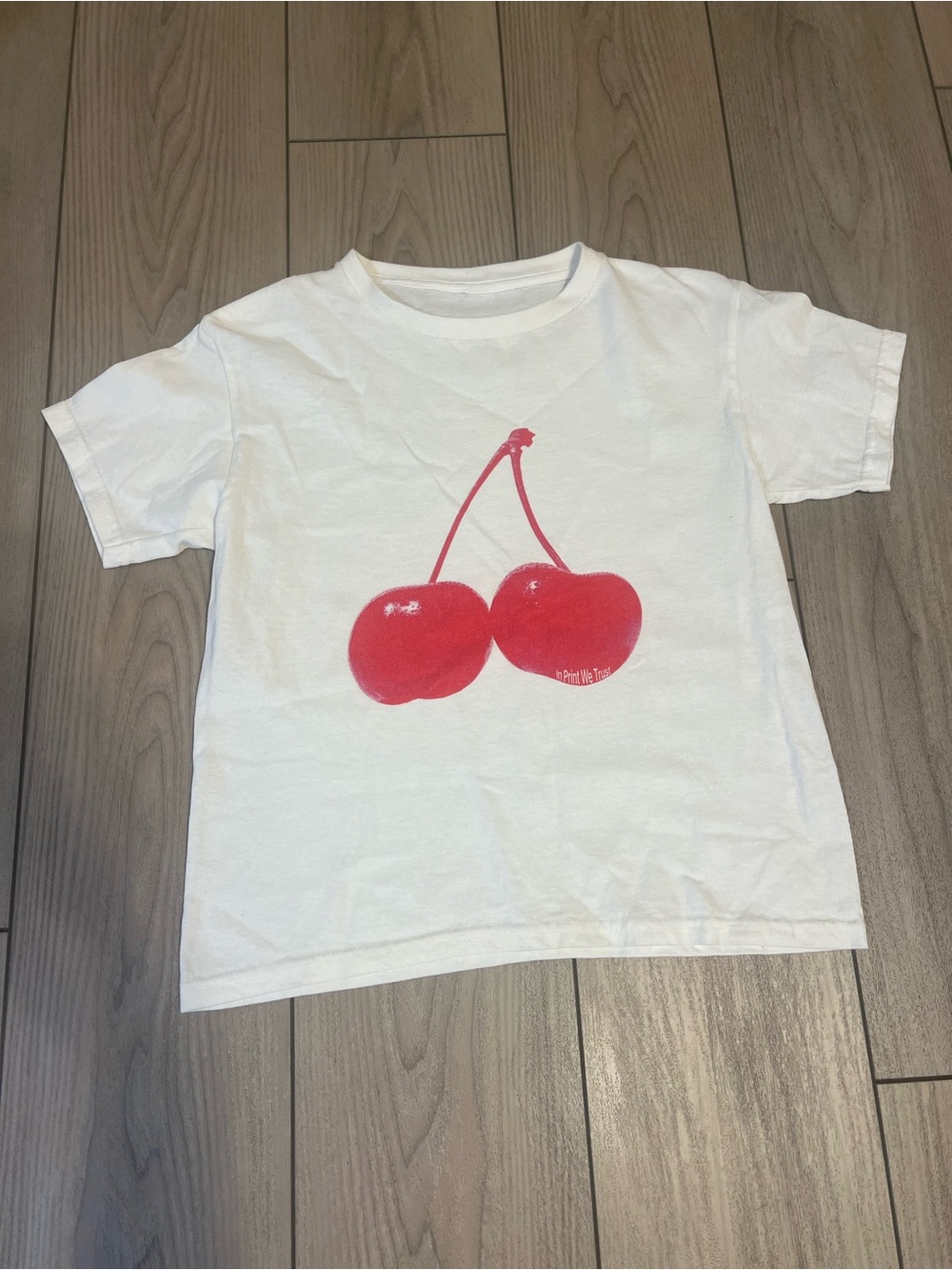 White Short Sleeve Tee with Red Cherry Graphic